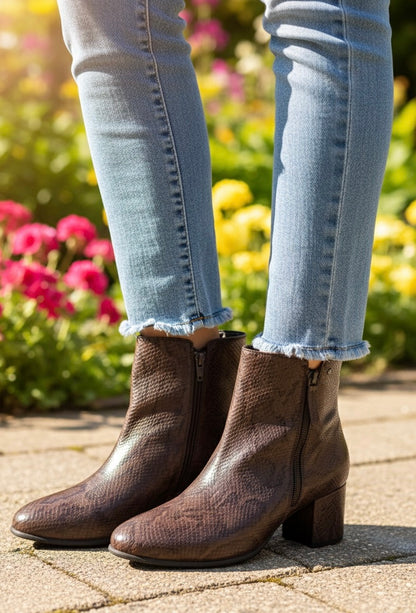 Brown Snake-Effect Ankle Boots