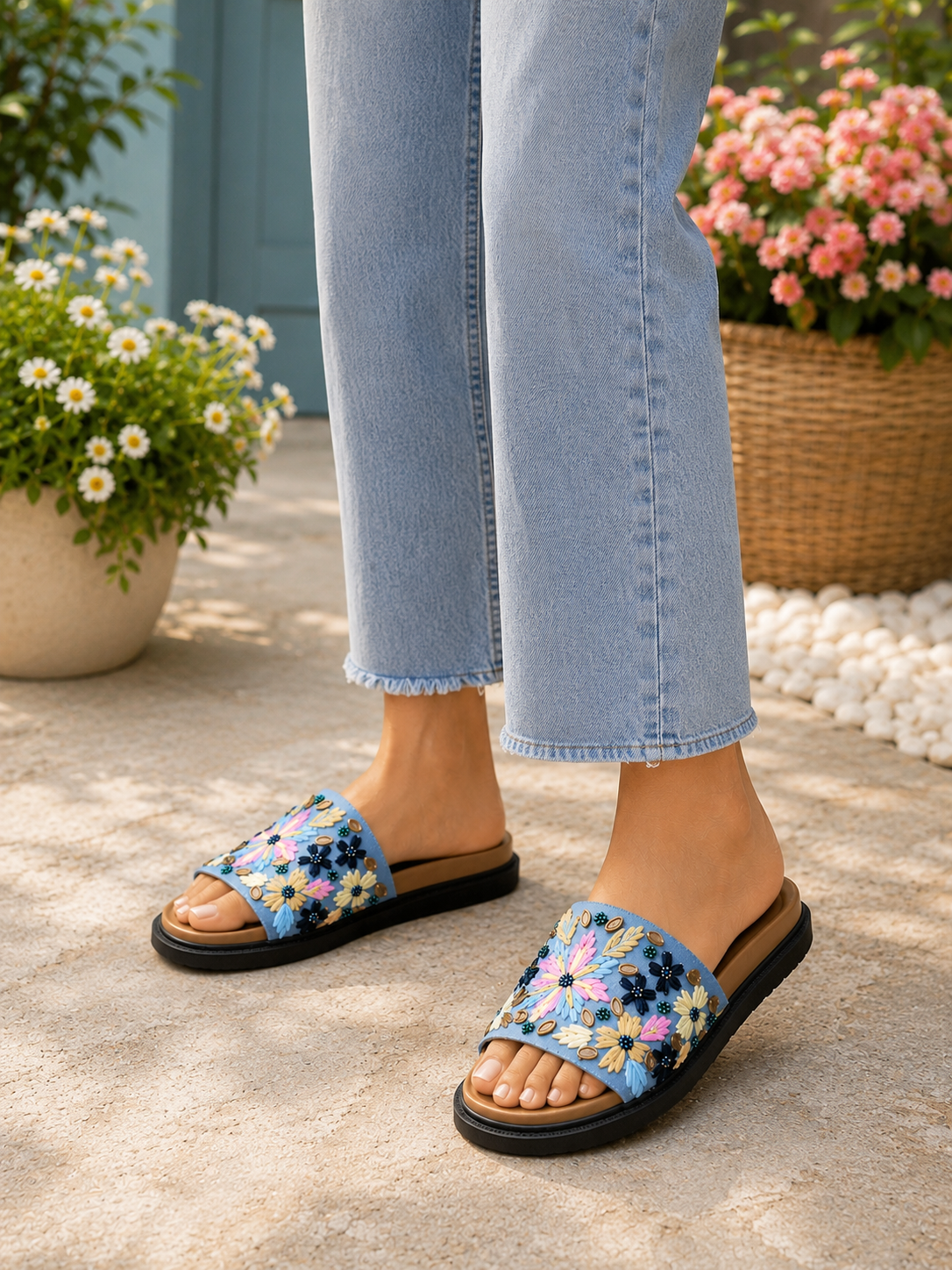 Monsoon Denim Embroidered Sliders | Monsoon Friendly