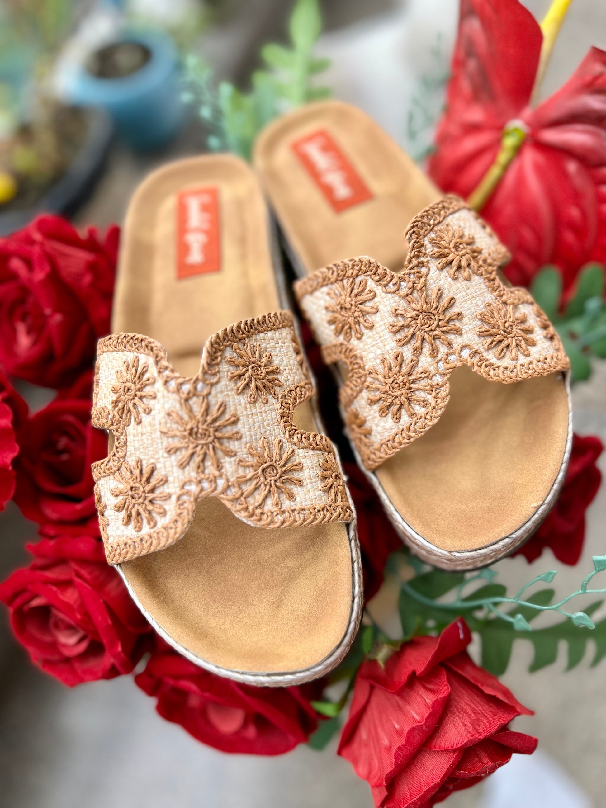 Rust Blossom Embroidered Wedges Sandal Stories