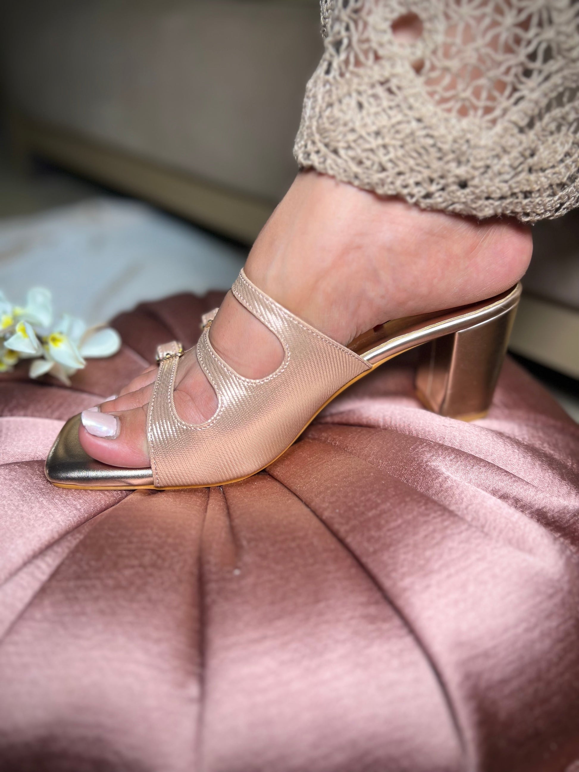 Chic Rose Gold Block Heels Sandal Stories