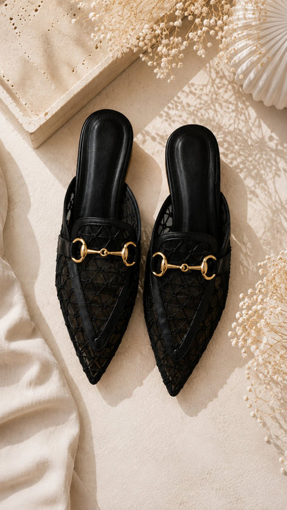 Midnight Mesh Luxe Pointed Mules | 1 Inch Heel