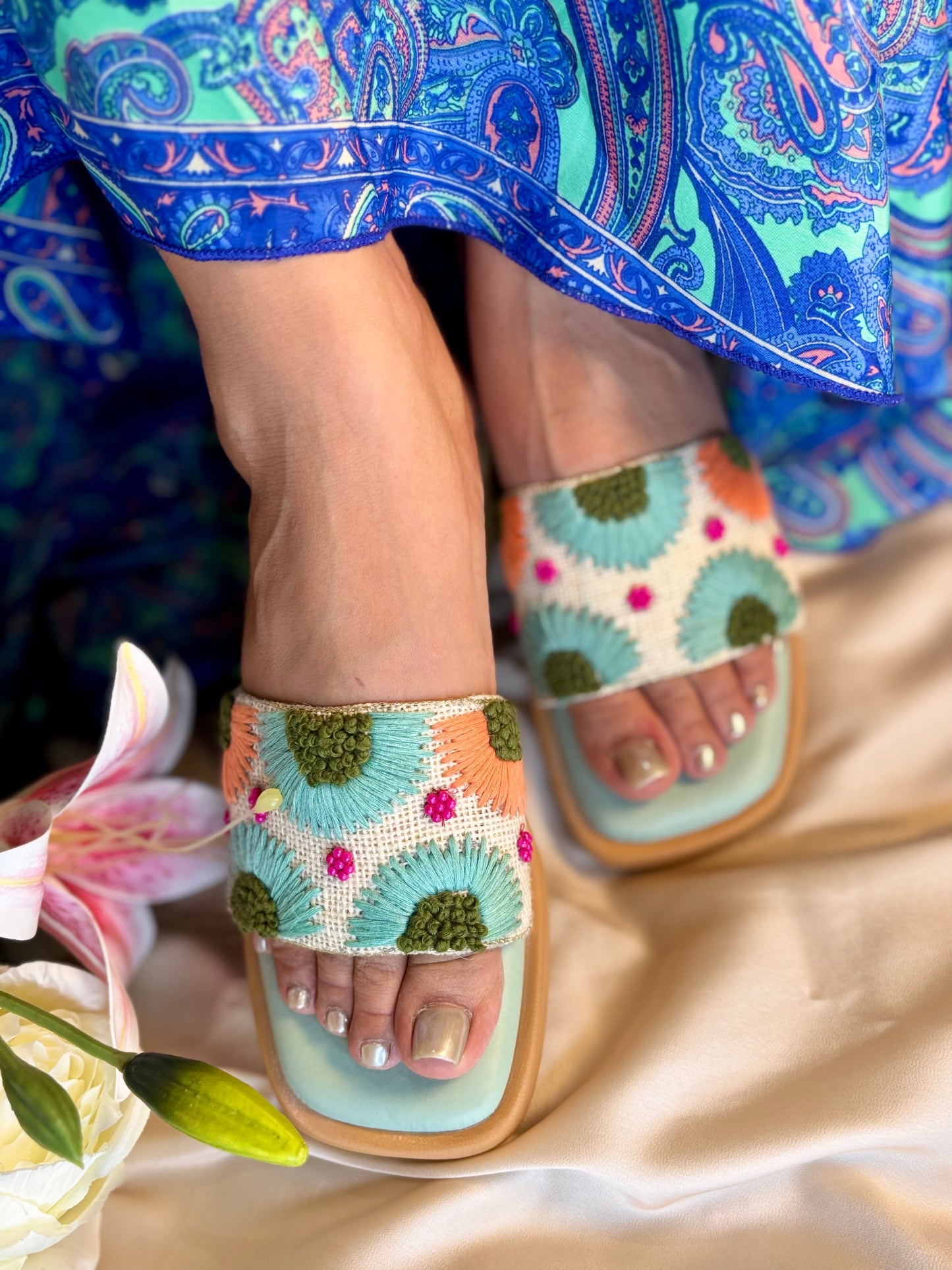 Sunshine Bloom Embroidered Wedges Sandal Stories