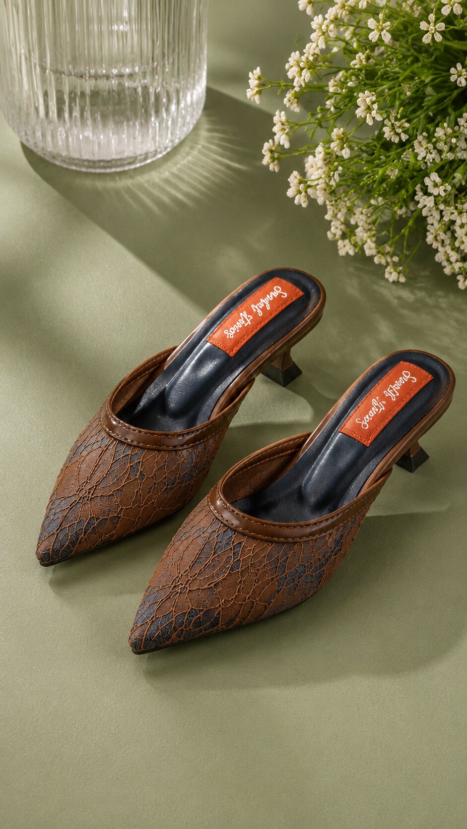 Mocha Lace Pointed-Toe Kitten Heel Mules