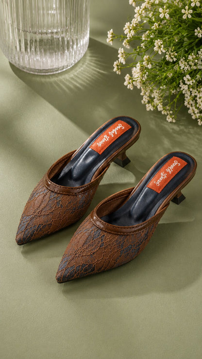 Mocha Lace Pointed-Toe Kitten Heel Mules