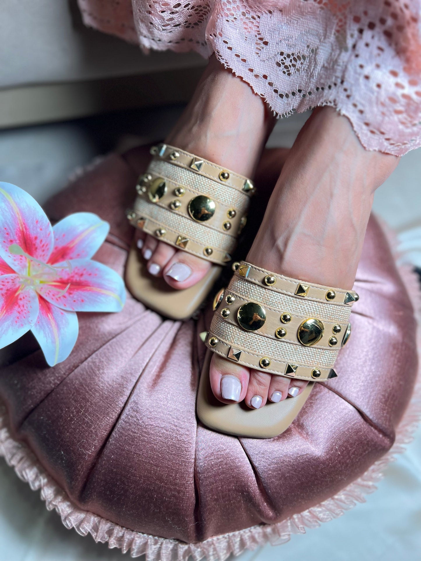 Studded Glam Beige Flats Sandal Stories