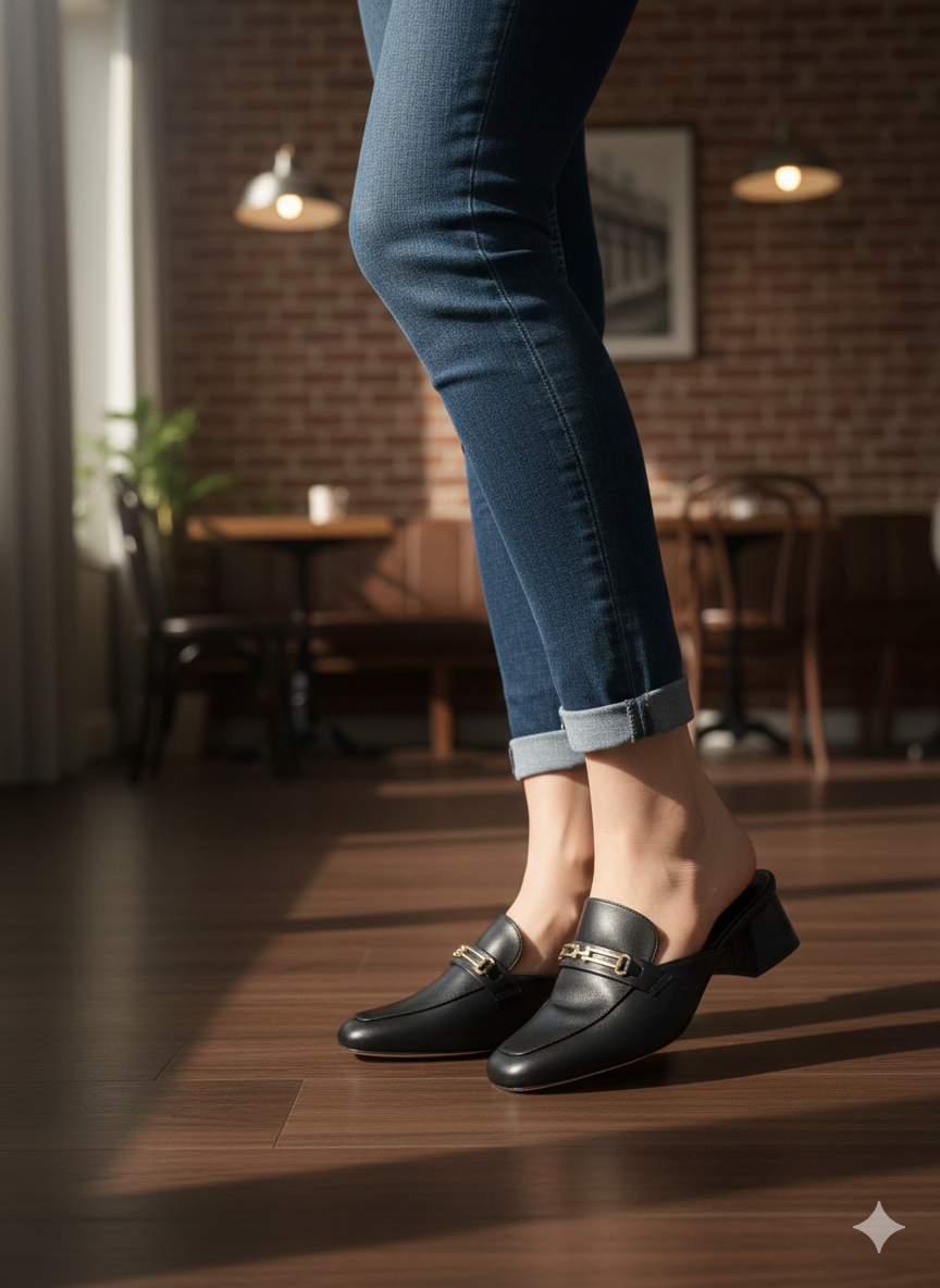 Black Gold-Link Mid-Heel Mules