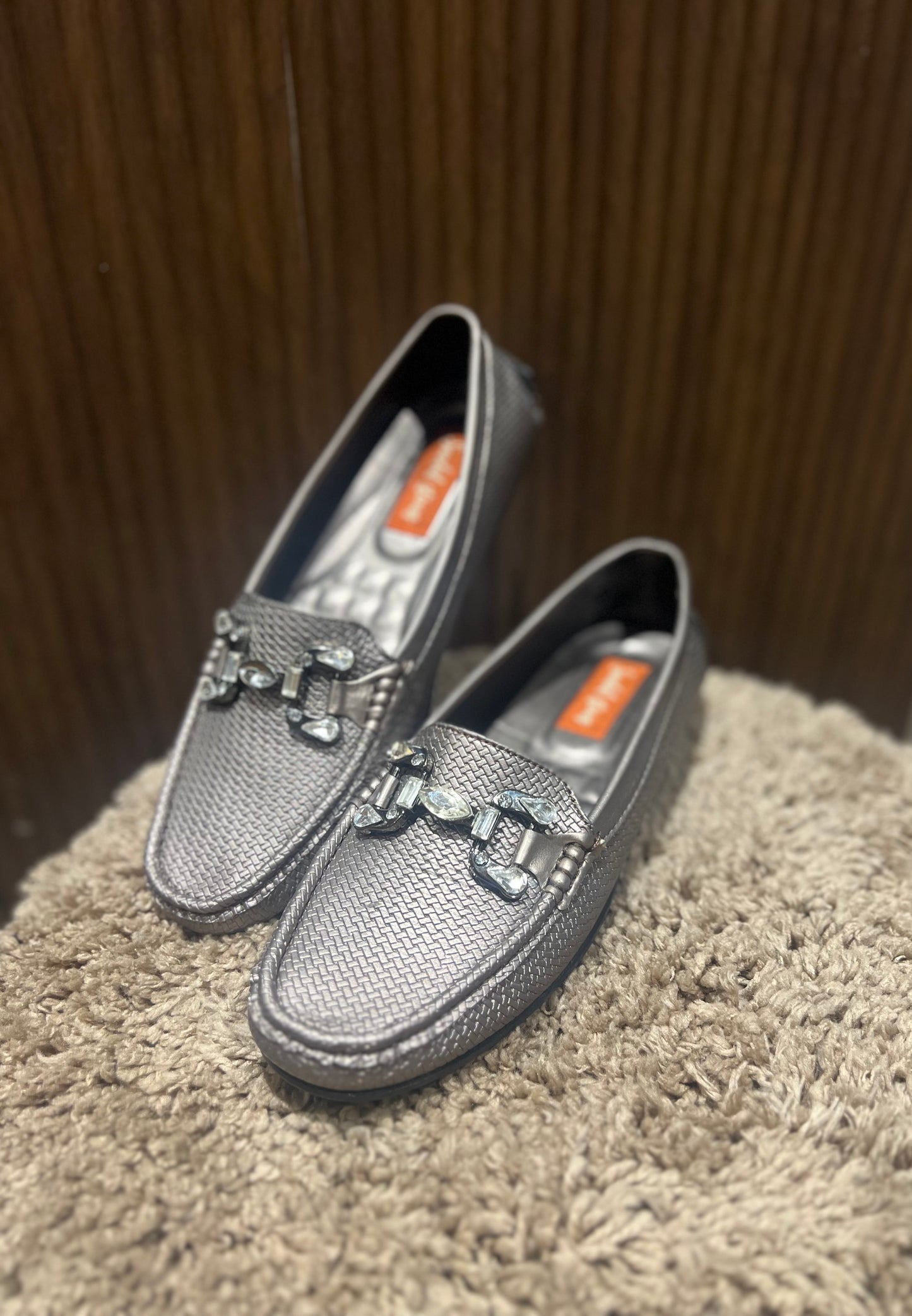Metallic Grey Crystal-Weave Loafers