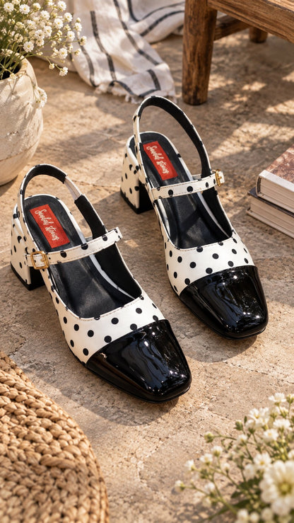Polka Muse Patent Block Heels - White Black