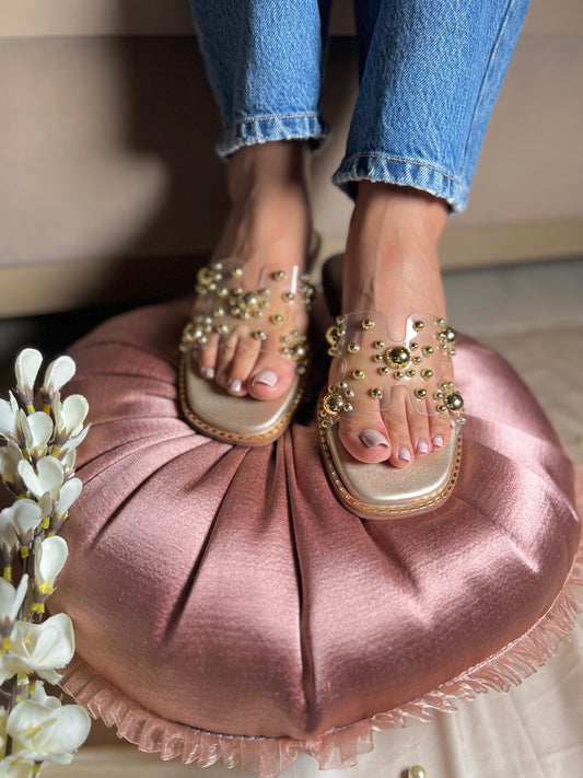 Golden Studded Transparent Slider Flats