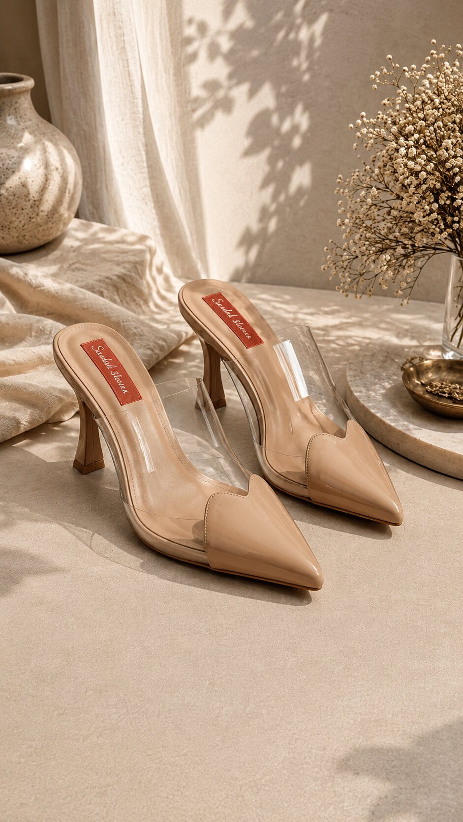 Nude Clear Luxe Pointed Mule Heels | 2 Inch Heel