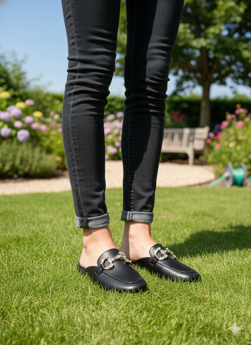 Crystal-Buckle Comfort Mules – Classic Black