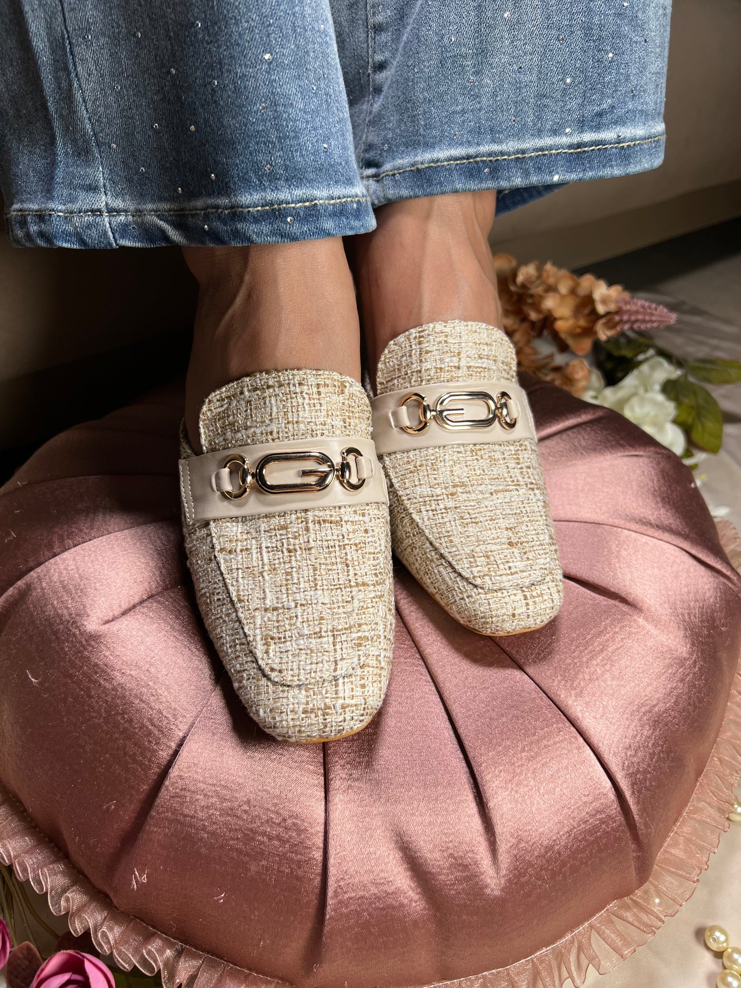 Ivory Tweed Chain-Detail Mules