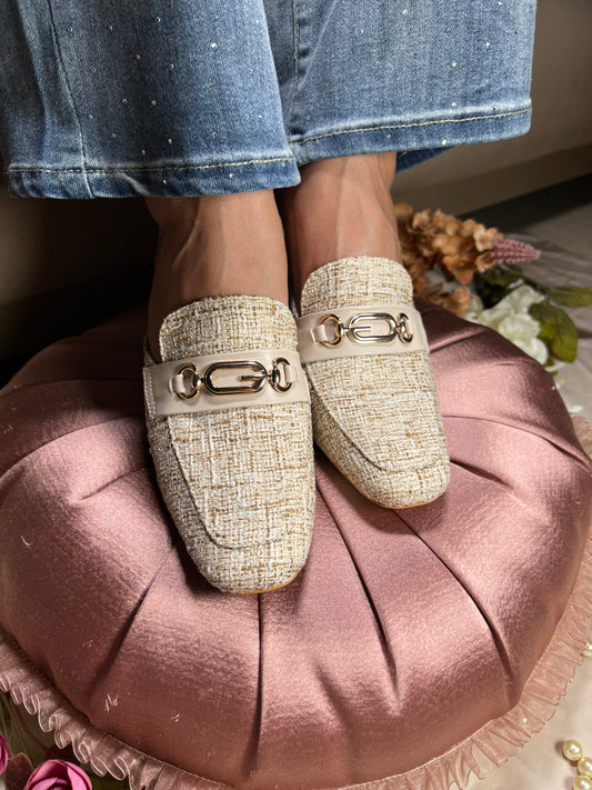 Ivory Tweed Chain-Detail Mules