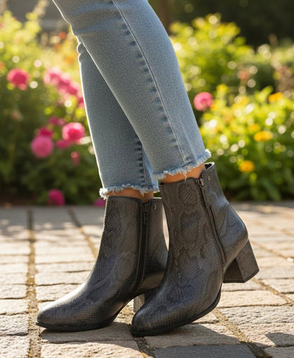 Grey Snake-Effect Ankle Boots