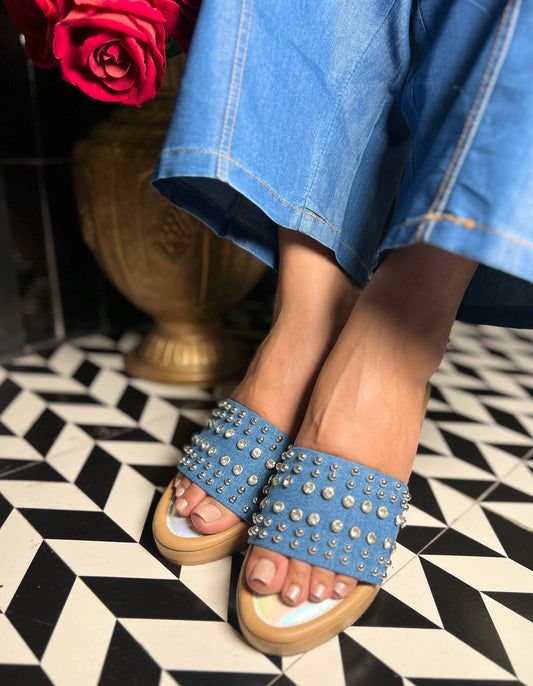 Blue Studded Denim Embellished Wedges