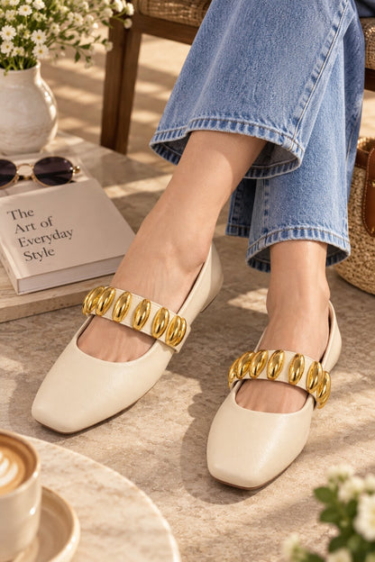 Mary Jane Statement Buckle Ballerinas - Ivory Cream