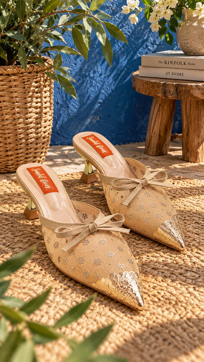 Embellished Mesh Kitten Heels with Statement Gold Accessories - Beige