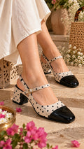 Polka Muse Patent Block Heels - Beige Black