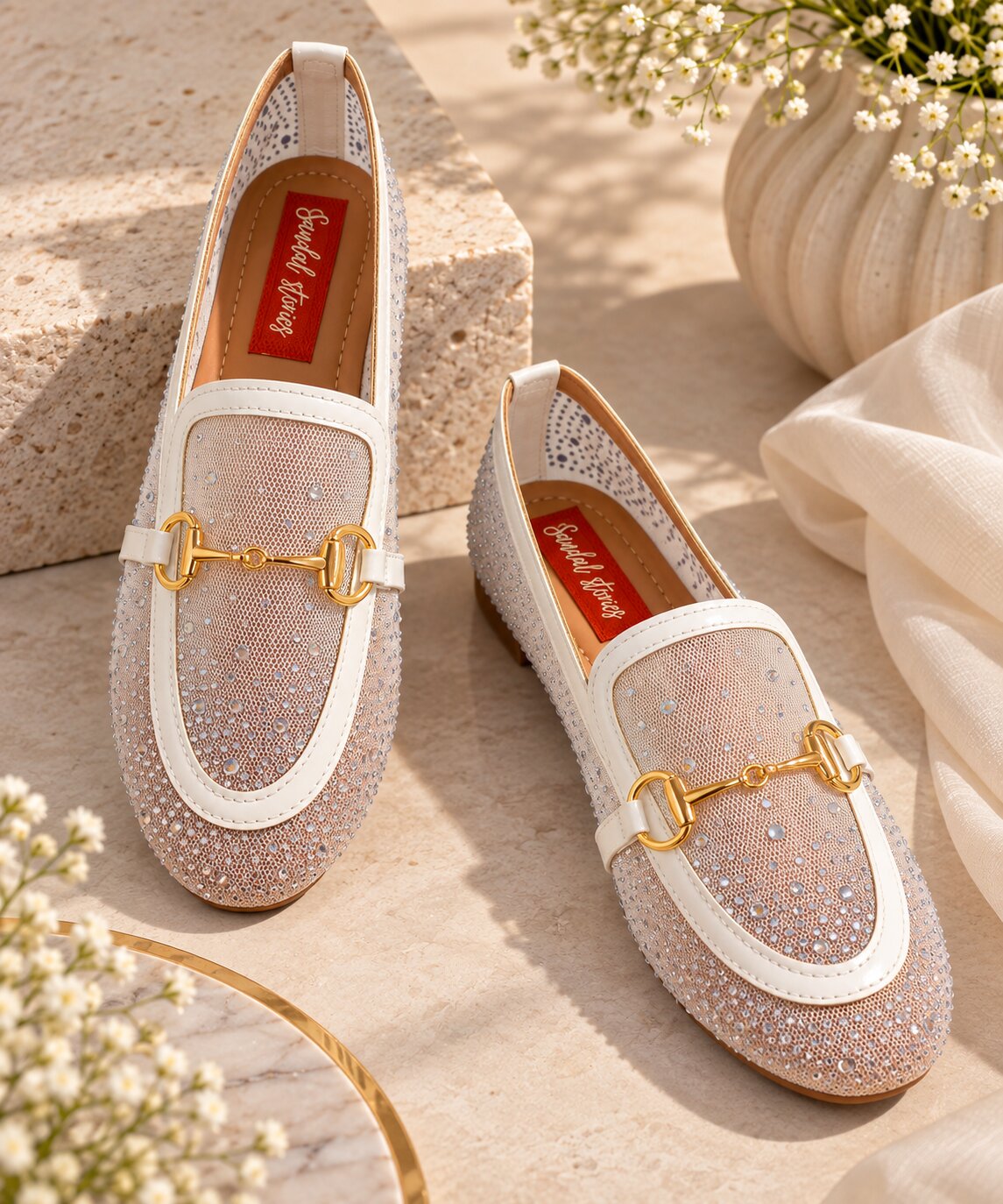 Crystal Mesh Embellished Loafers - White
