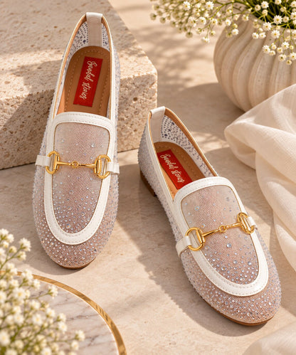 Crystal Mesh Embellished Loafers - White