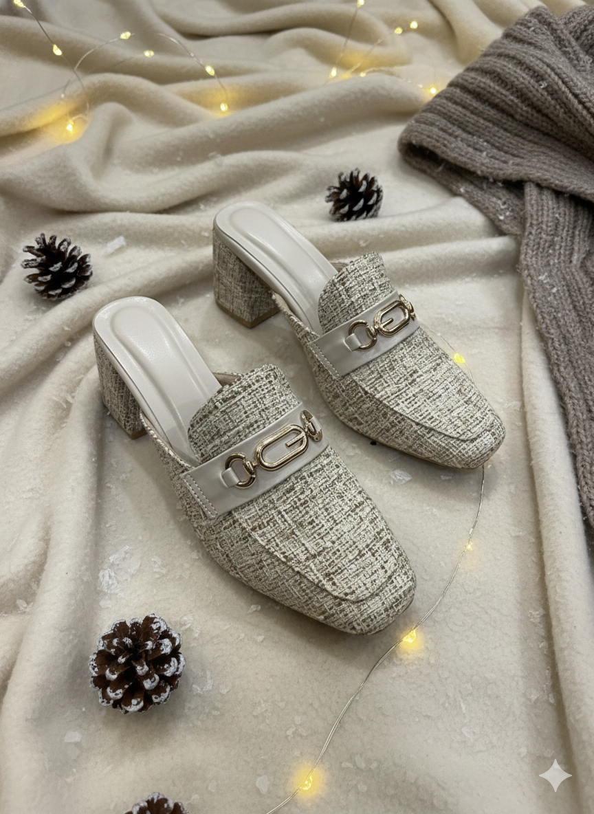 Ivory Tweed Chain-Detail Mules