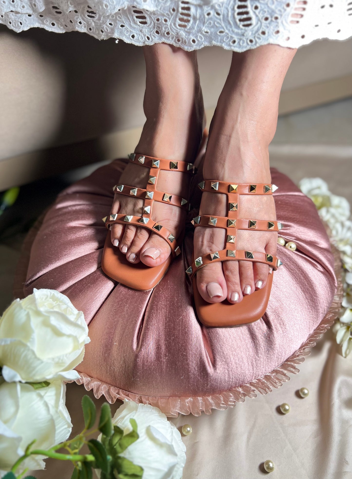 Studded Grace Flats - Tan Color