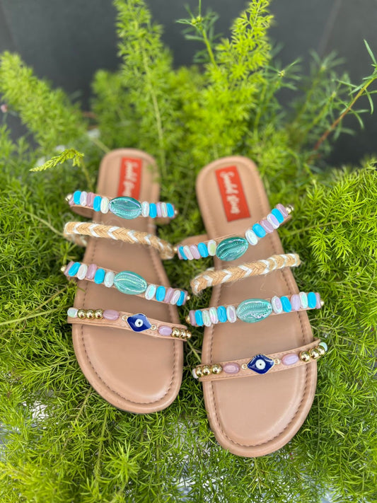Boho Beaded Multistrap Sandals – Pastel Blue