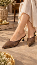 Mocha Gold Sparkle Mesh Mules | 2 Inch Kitten Heels
