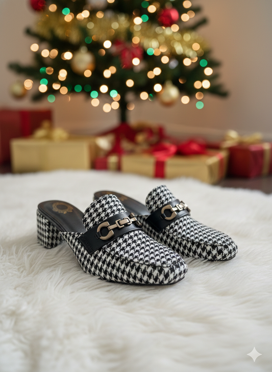 Monochrome Textured Weave Block Heel Mules