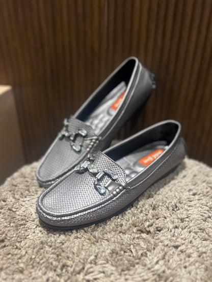 Metallic Grey Crystal-Weave Loafers