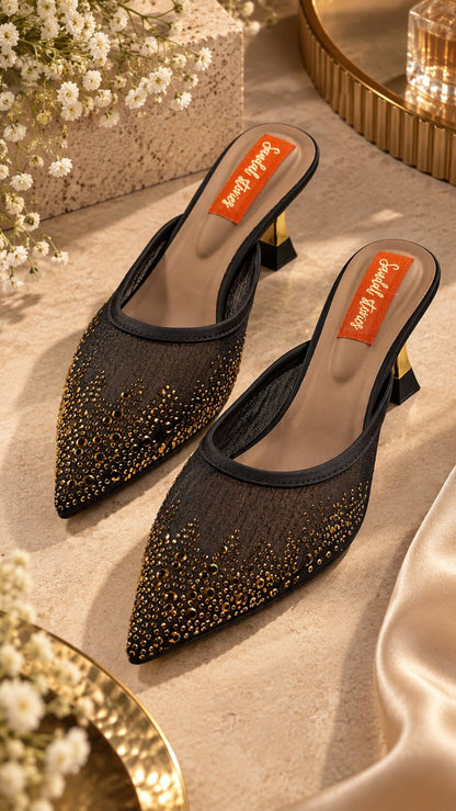 Midnight Gold Sparkle Mesh Mules | 2 Inch Kitten Heels
