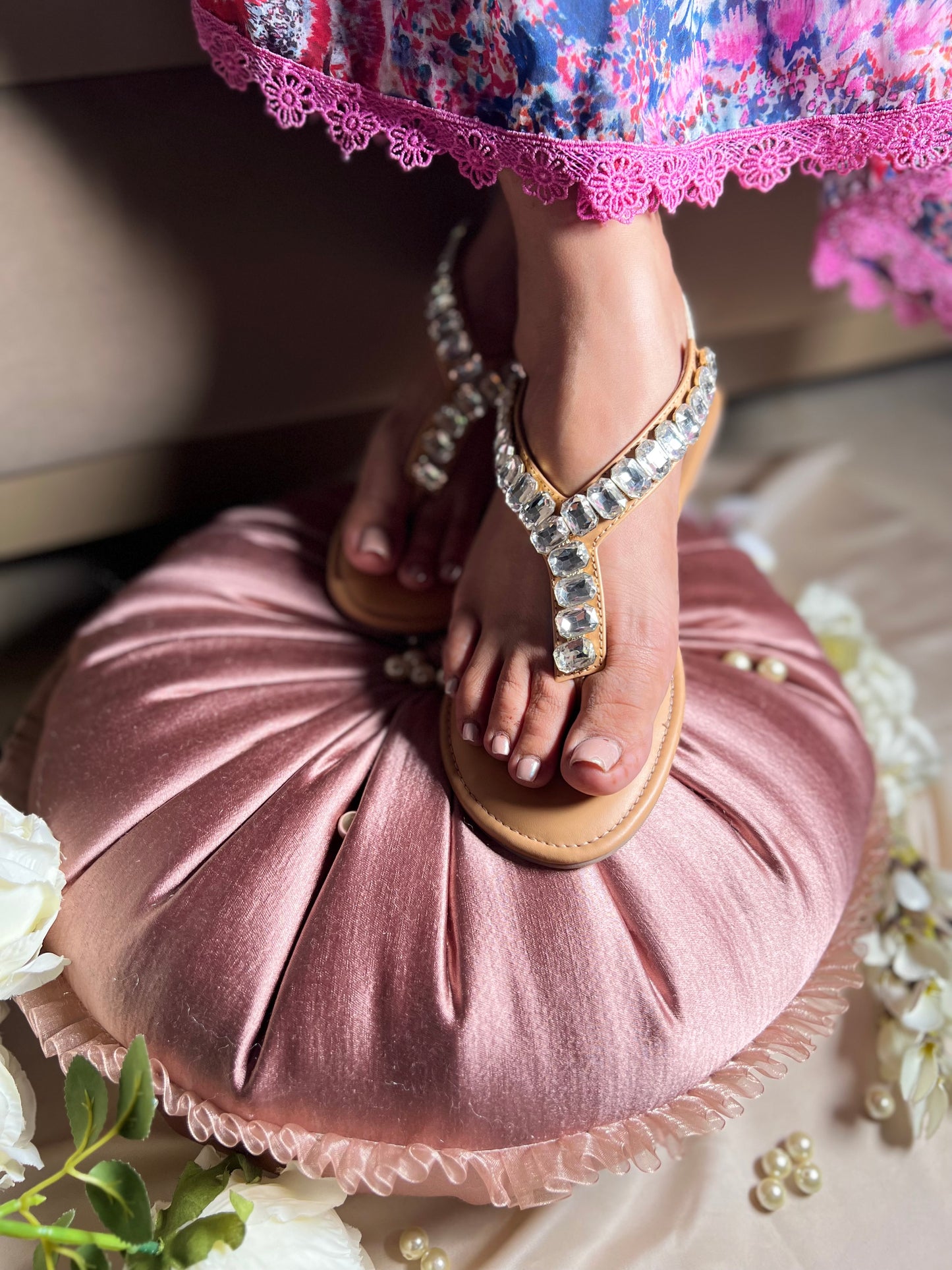 Crystal Glow V-Shape Flats with Back Elastic