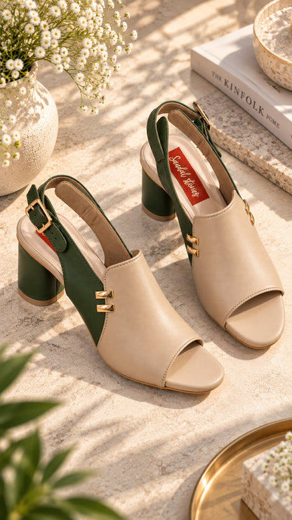 Luxe Contrast Slingback Block Heels - Cream & Green | 3.5 Inches