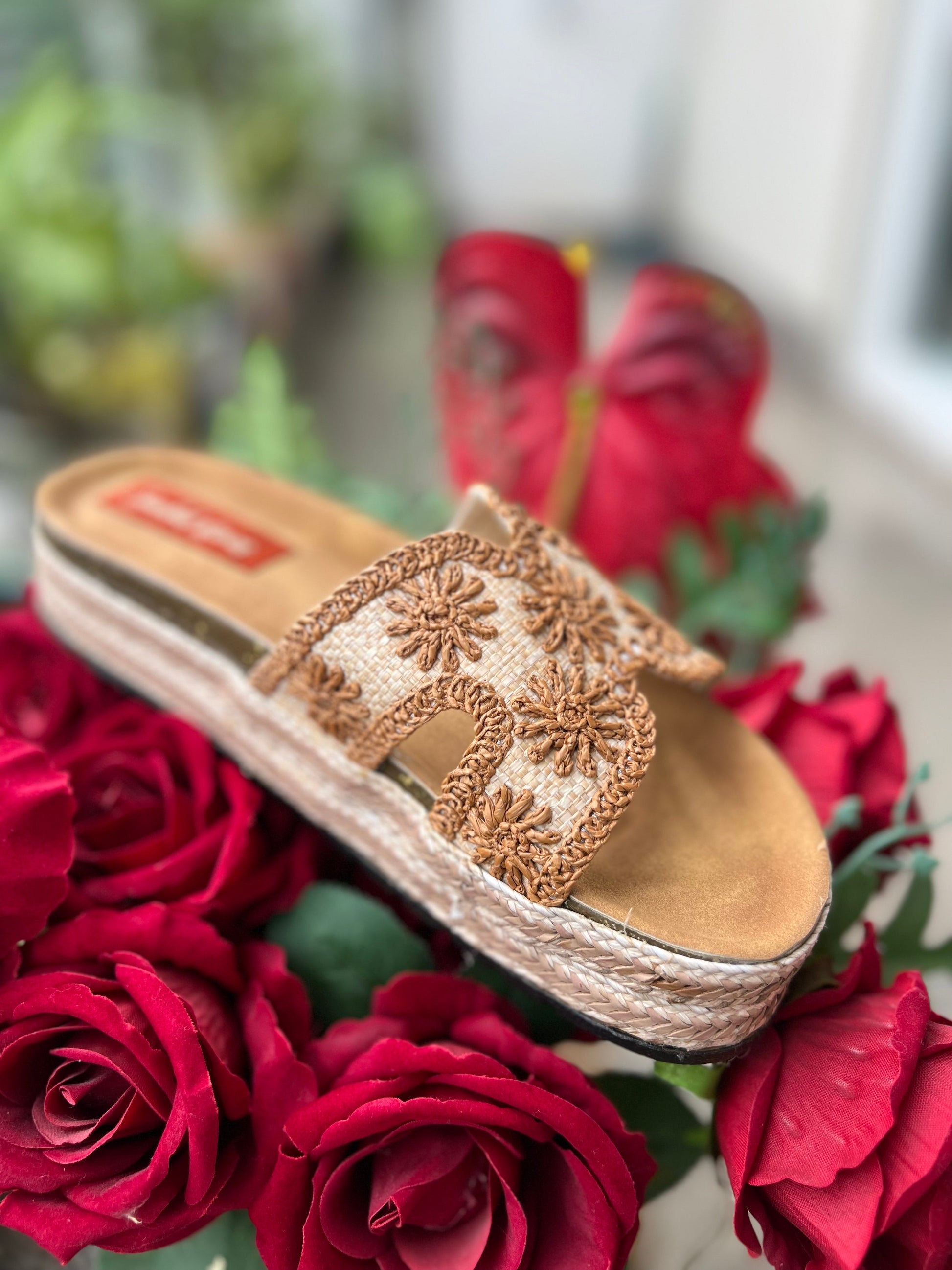 Rust Blossom Embroidered Wedges Sandal Stories