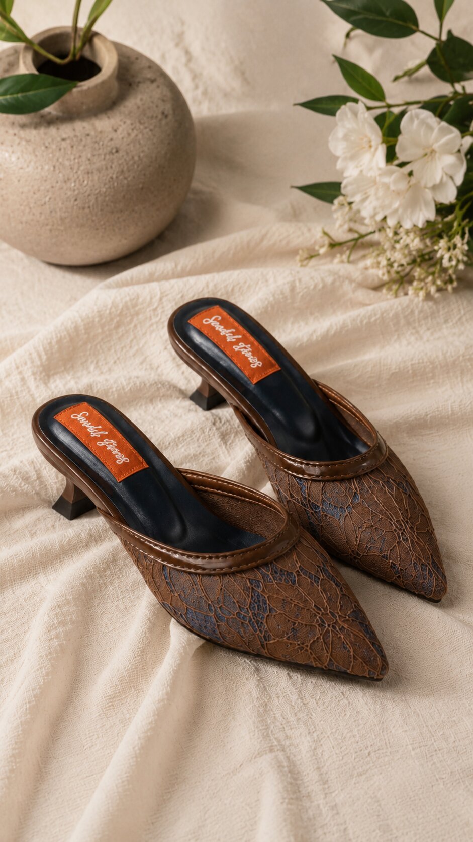 Mocha Lace Pointed-Toe Kitten Heel Mules