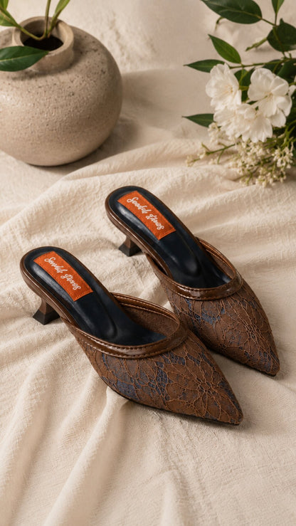 Mocha Lace Pointed-Toe Kitten Heel Mules