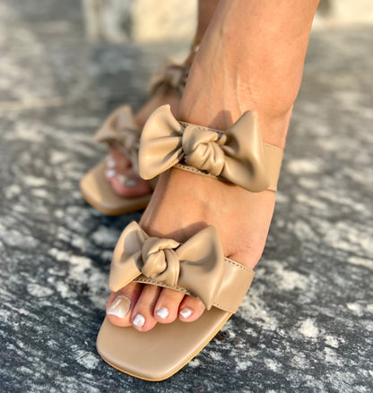 Beige Double Bow Block Heels
