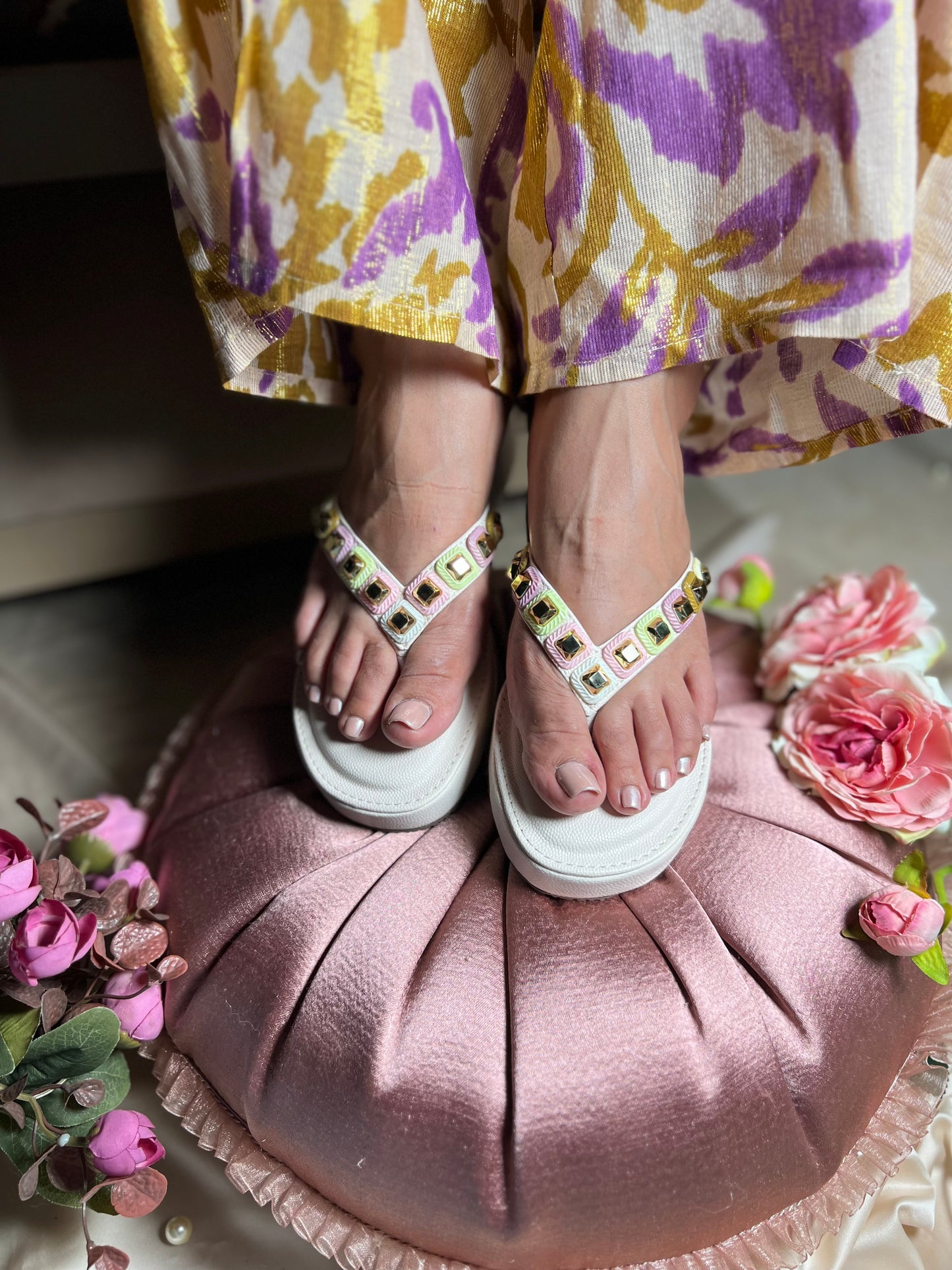 Pastel Studded White V-Shape Platforms