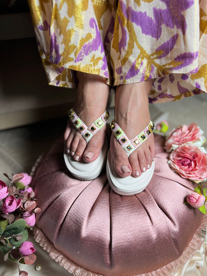 Pastel Studded White V-Shape Platforms