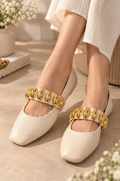 Mary Jane Statement Buckle Ballerinas - Ivory Cream