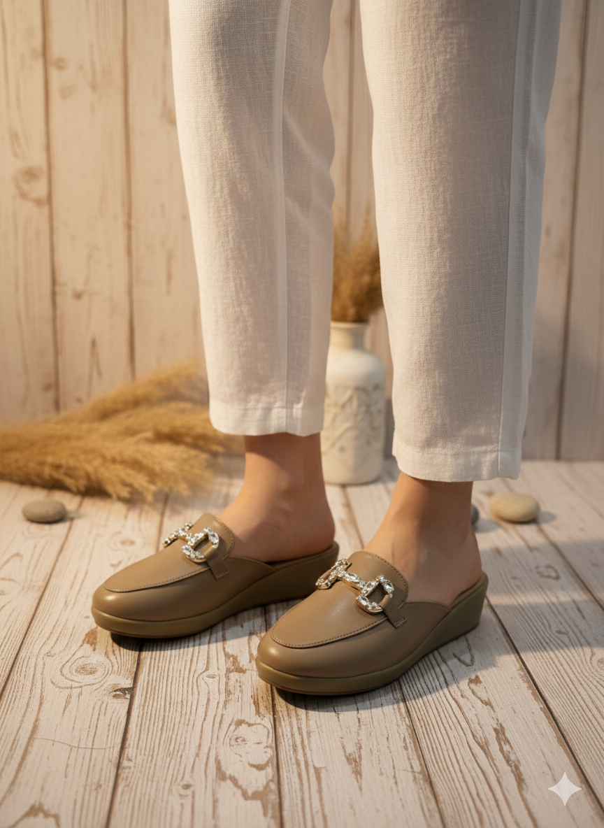 Crystal-Buckle Comfort Mules – Nude Beige