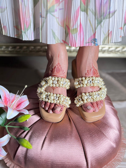 Pearl & Crystal C Shape Nude Wedges
