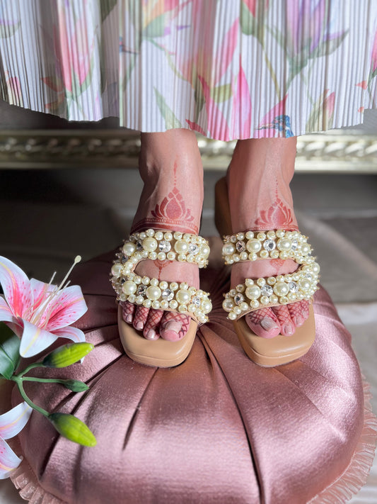 Pearl & Crystal C Shape Nude Wedges