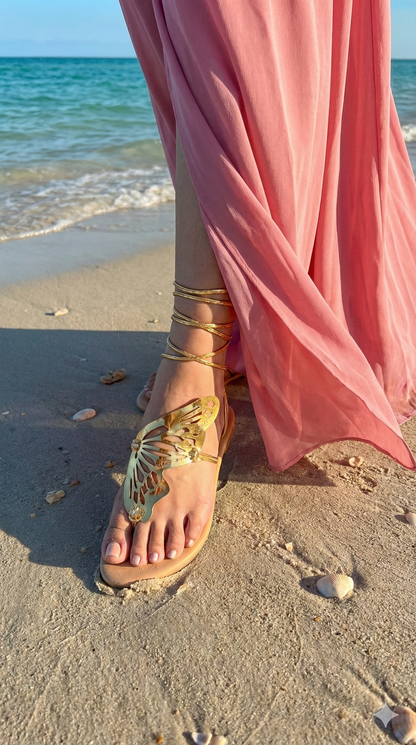 Golden 3D Butterfly Tie-Up Flats