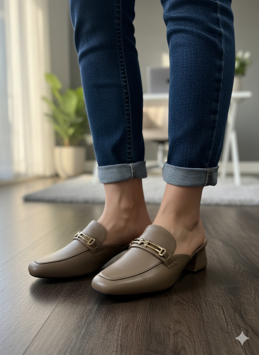 Taupe Gold-Link Mid-Heel Mules