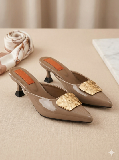 Statement Buckle Kitten Heels – Beige