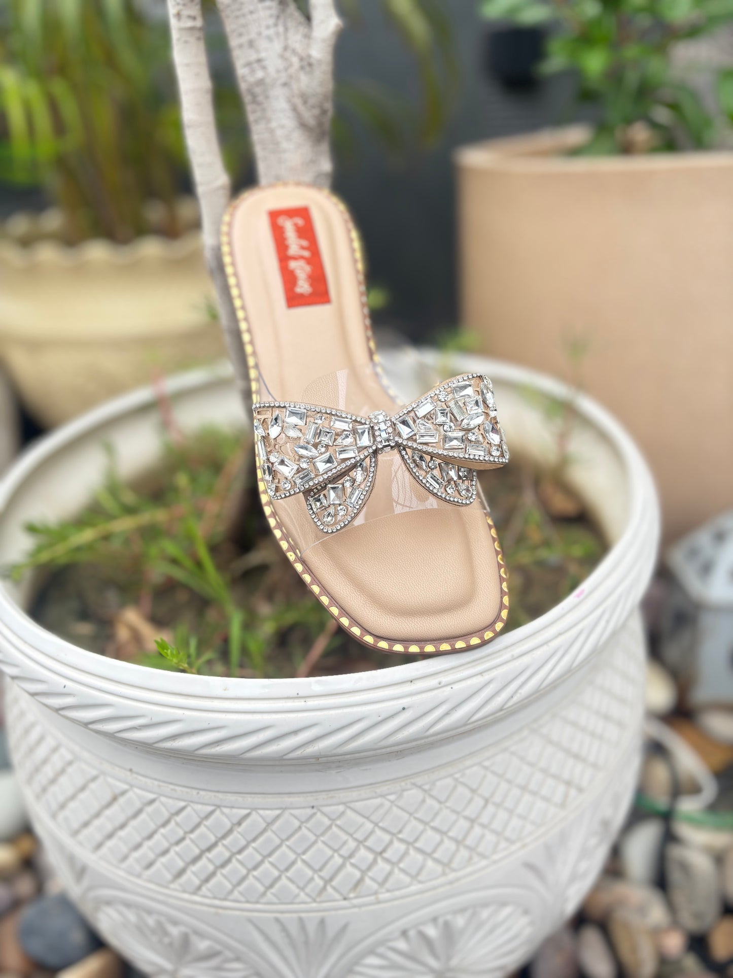 Crystal Bow Embellished Nude Flats