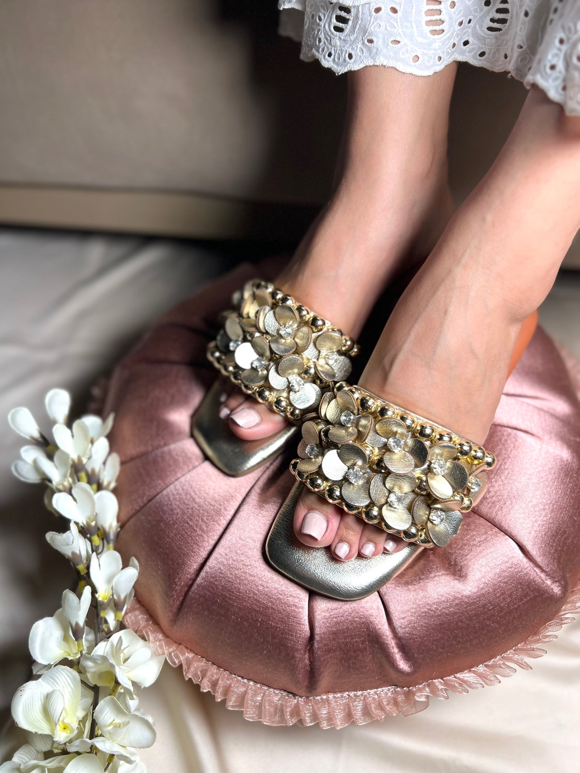 Golden 3D Flower Embellished Flats Sandal Stories
