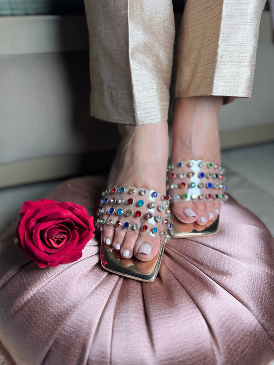 Multicolor Crystal Embellished Transparent Kitten Heel