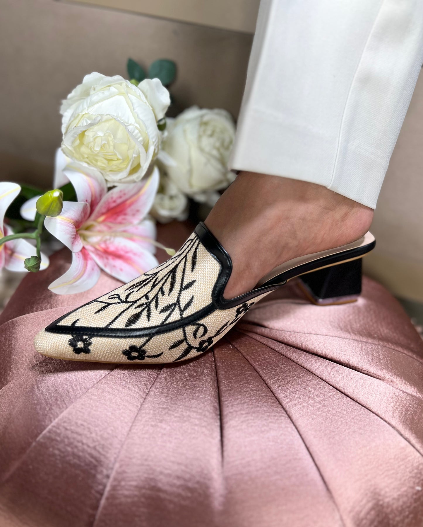 Ivory Noir Embroidered Block-Heel Mules